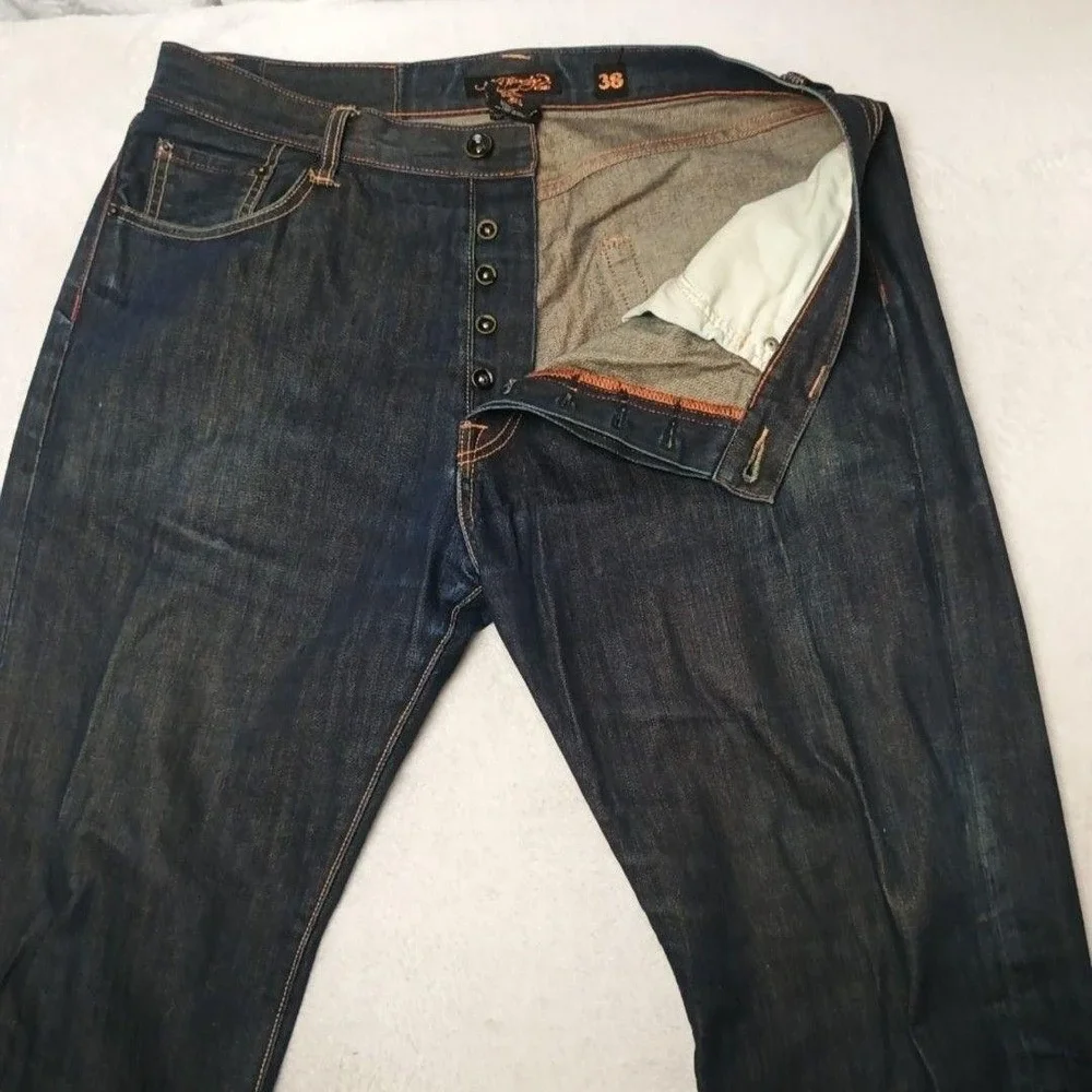 Ed Hardy Jeans Men 38x32 Blue Straight Relaxed Button Fly Distressed Embroidered
